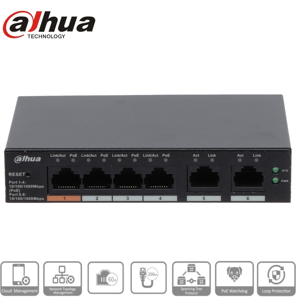 CS4006-4GT-60 - Switch PoE 4 ports + 2 uplink Gigabit – 60W – Compatible Dahua – Idéal vidéosurveillance
