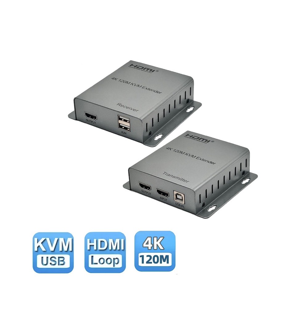 Modules TX et RX de l’Extender HDMI 4K : transmission UHD via câble RJ45, avec alimentation USB intégrée.