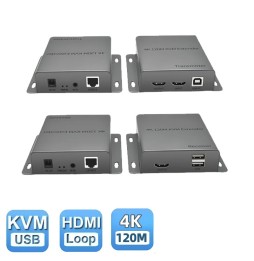 Extender HDMI 4K : 4 perspectives des connexions TX/RX, entrées/sorties RJ45 & USB.
