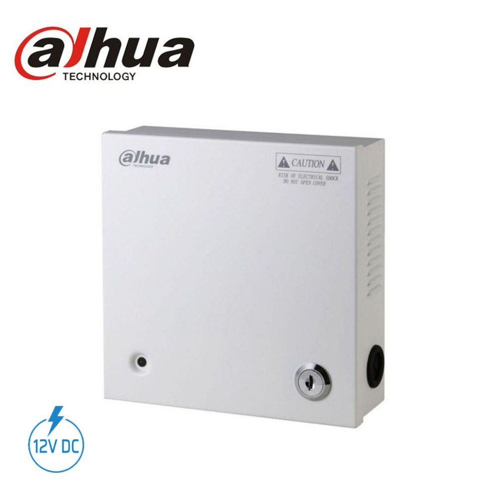 Coffret d’alimentation Dahua 12 V 4 A – 5 sorties, vue de face (boîtier fermé) Coffret d’alimentation Dahua 12 V 4 A – 5 sorties, vue de face (boîtier fermé)