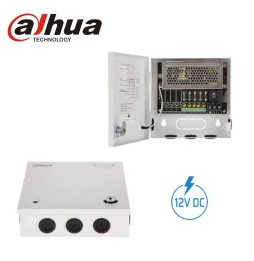 Coffret d’alimentation Dahua 12 V 4 A – intérieur ouvert, avec fusibles individuels pour chaque sortie caméra