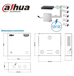 Schéma du coffret Dahua 12 V 4 A – dimensions et câblage reliant chaque sortie caméra au coffret