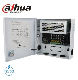 Coffret d’alimentation Dahua 12 V 4 A – porte intérieure ouverte affichant le schéma de montage détaillé.