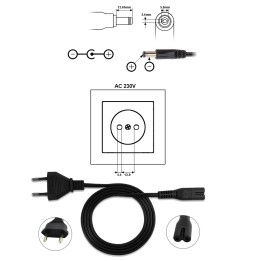 Câble secteur 220 V vers adaptateur + embout DC 5,5 × 2,1 mm.