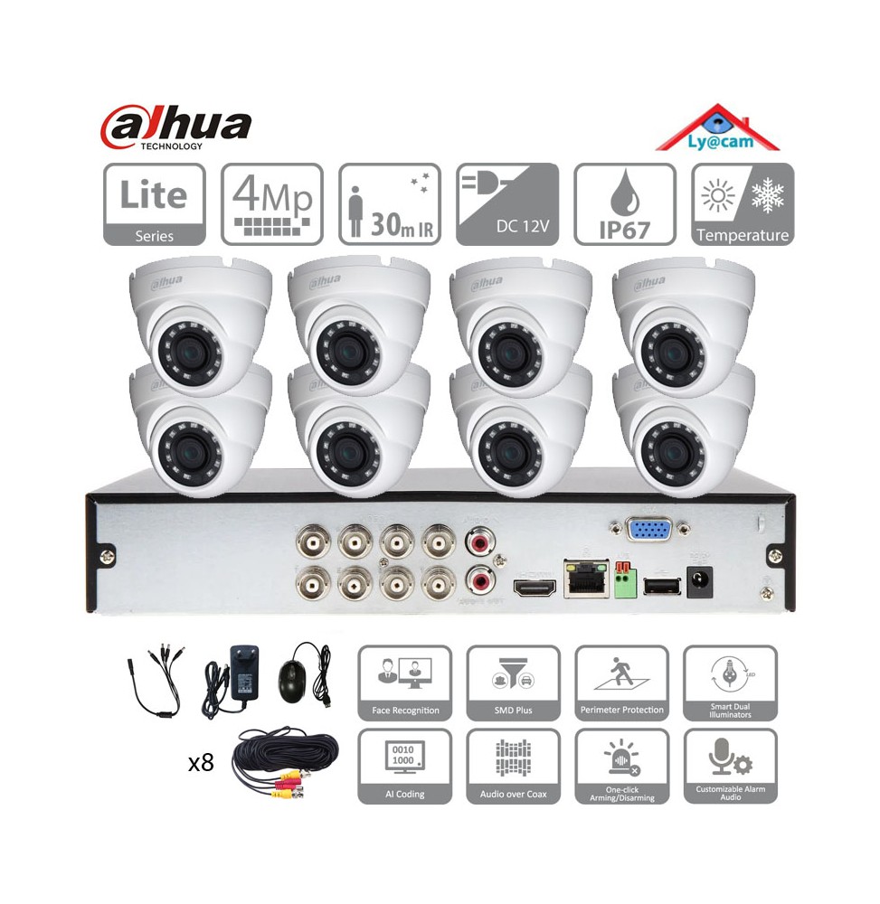 DAHUA Kit 8 caméras dômes coaxial 4Mp vision infrarouge 30m