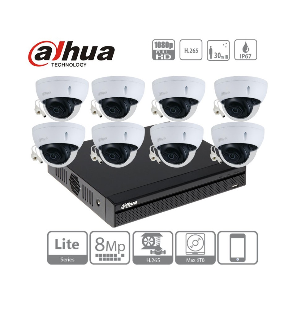 DAHUA Kit IP Poe 8 caméras dômes à bulle 2Mpx IR 30m