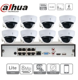 DAHUA Kit IP Poe 8 caméras dômes à bulle 2Mpx IR 30m