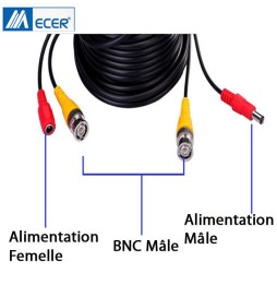 Câble coaxial 5m pour caméra analogique avec alimentation